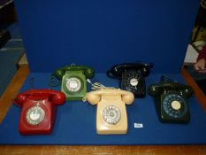 Five vintage GPO / British Telecom Rotary Telephones in various colours: red marked 746 Gen 74/1A C,