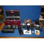 A quantity of photography items including Kodak Junior II camera, Samsung AF Zoom 1050 cased camera,