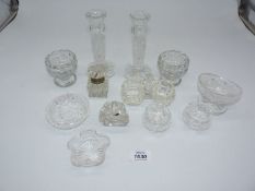 A quantity of glass including candlesticks, salt bowls, mustard pot, etc.