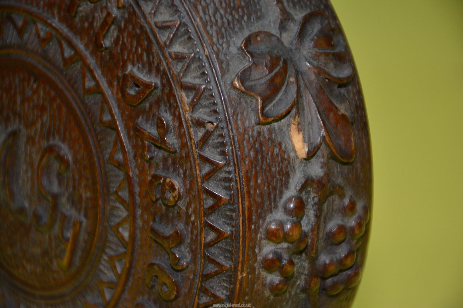 A 19th century Austrian heavily carved decorative moon shape circular wooden Flask with coat of - Image 14 of 15