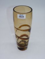 A 20th C heavy coffee coloured tapered glass vase with inset 'Corkscrew' amber bands rising from