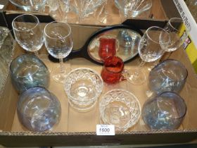A quantity of glass to include cut glass dessert dishes, four decorative wine glasses,