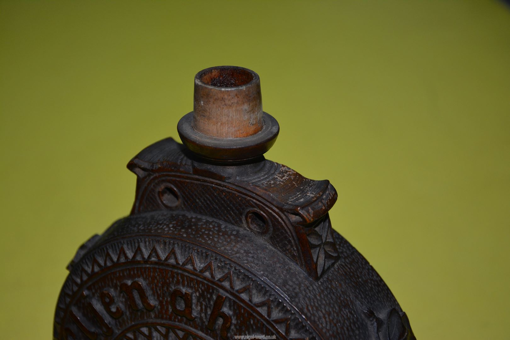 A 19th century Austrian heavily carved decorative moon shape circular wooden Flask with coat of - Image 9 of 15