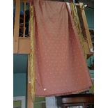 A pair of terracotta curtains having a diamond pattern and gold trim 105" x 50" [ some stains]