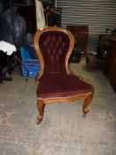 A circa 1900 Mahogany show-framed buttoned back chair standing on canted scroll front legs and