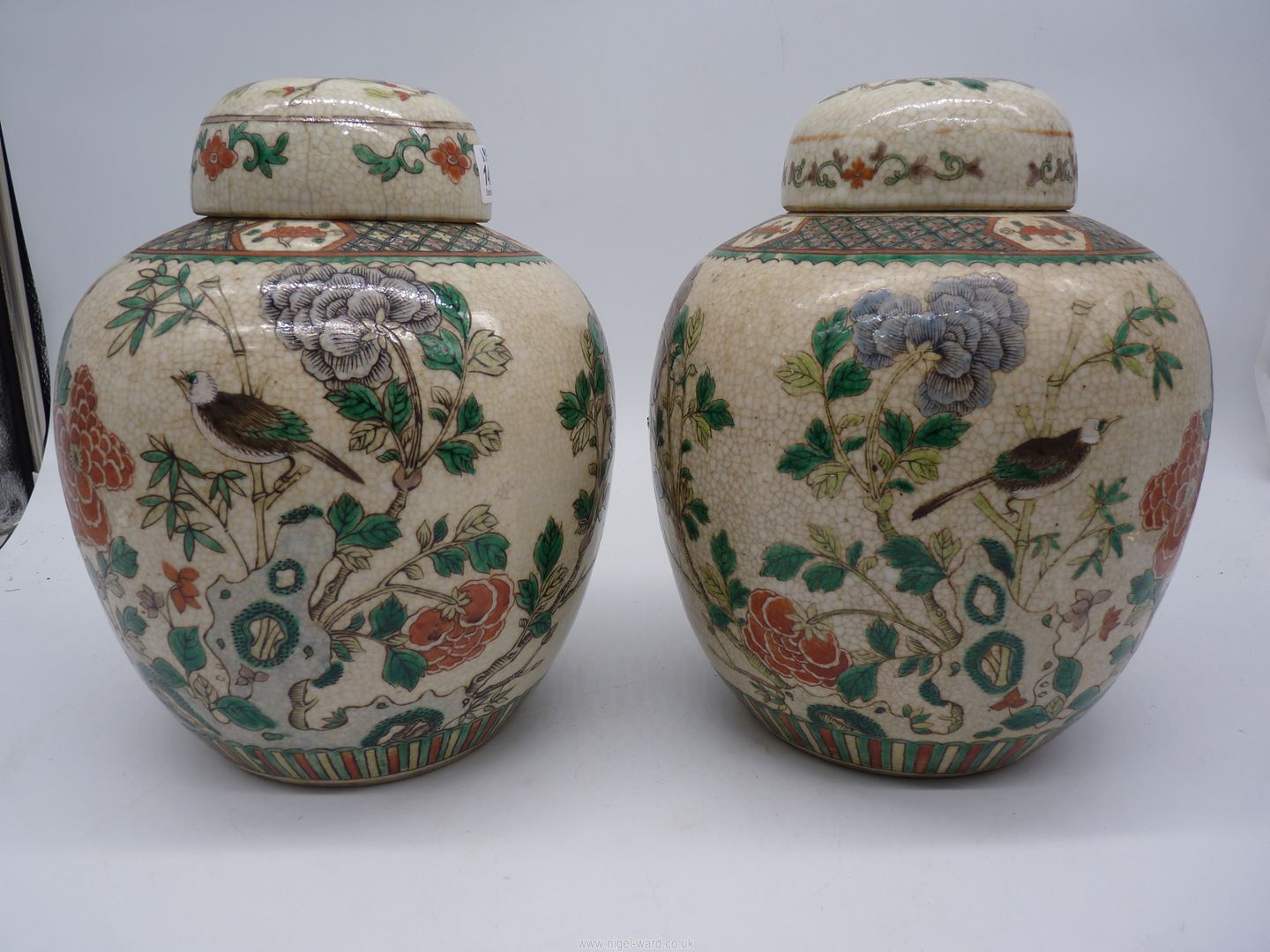 A pair of Oriental crackle glazed poly chrome ginger jars, - Image 7 of 20