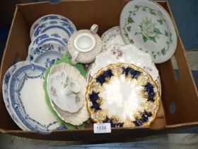 A box of plates etc., including George Grainger & Co., Coalport, Limoges, etc.