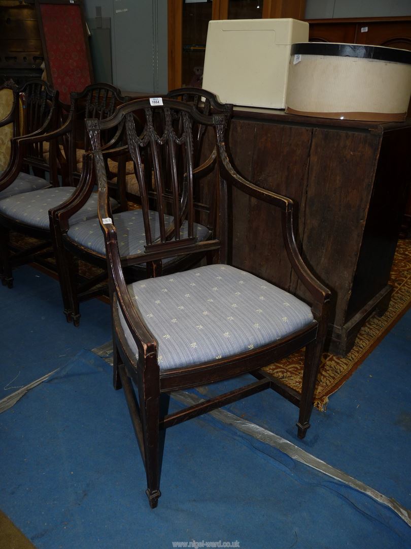 A set of four bow-fronted dark Mahogany framed dining/carver chairs having open arms the back-rests - Image 2 of 3