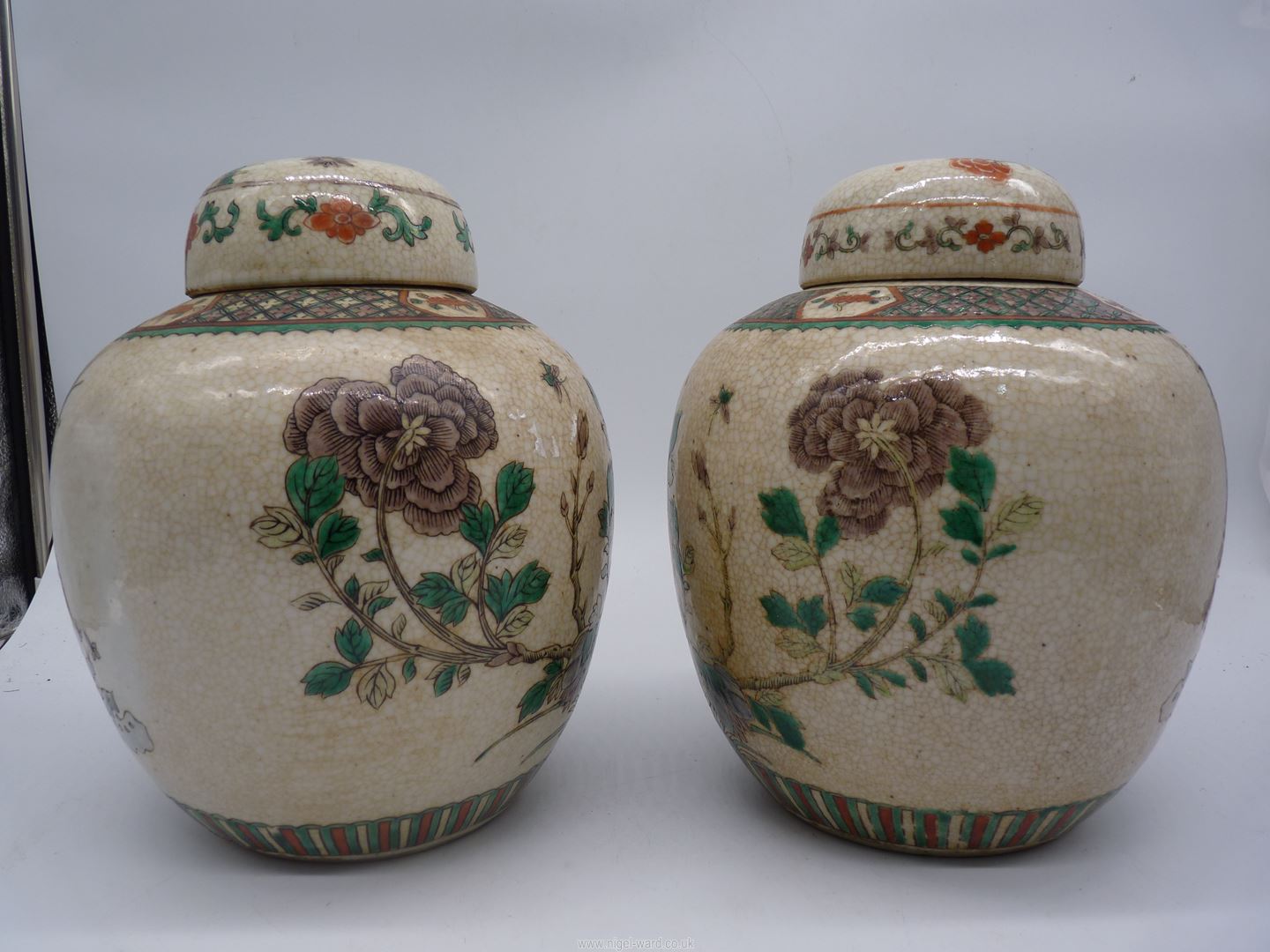 A pair of Oriental crackle glazed poly chrome ginger jars, - Image 9 of 20