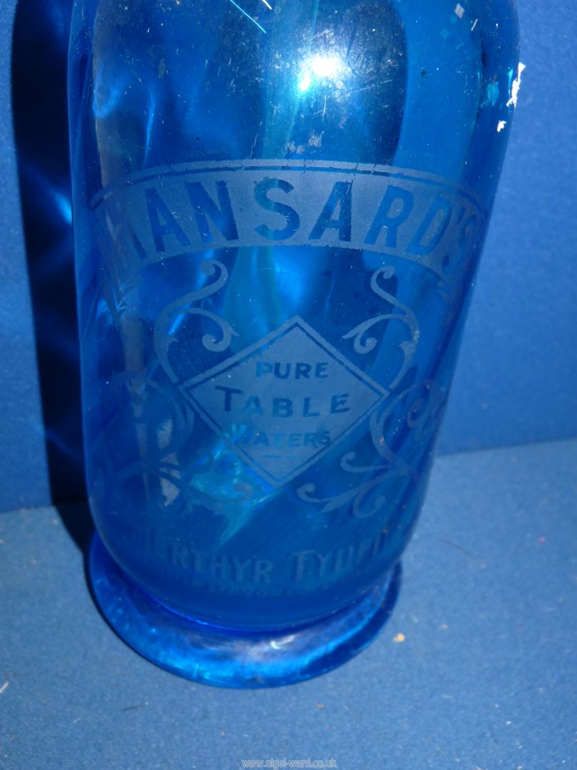 A blue glass 'Hansard's Pure Table Water, Merthyr Tydfil' siphon and an old 'Saxon's Mineral Water, - Image 2 of 2