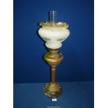 A vintage brass Oil lamp with glass shade, German made for S. Patterson*?, 28" tall.