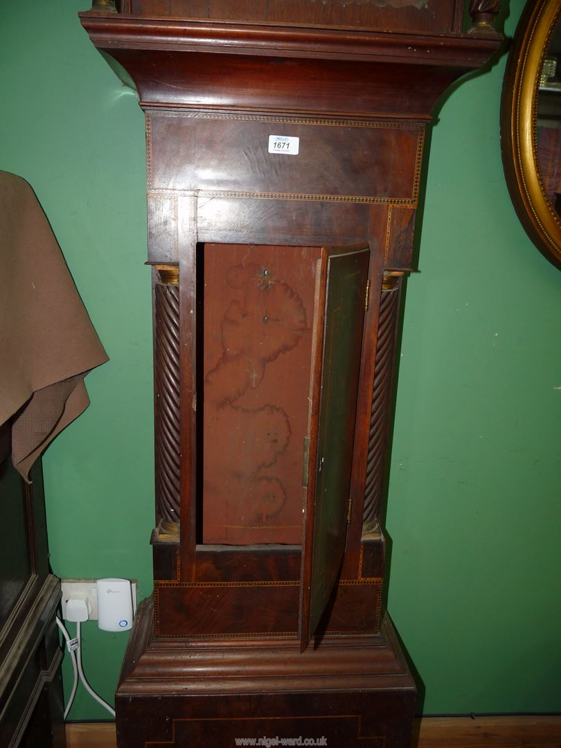 A Mahogany long-case clock Case having intricate light and dark-wood stringing, - Image 2 of 3