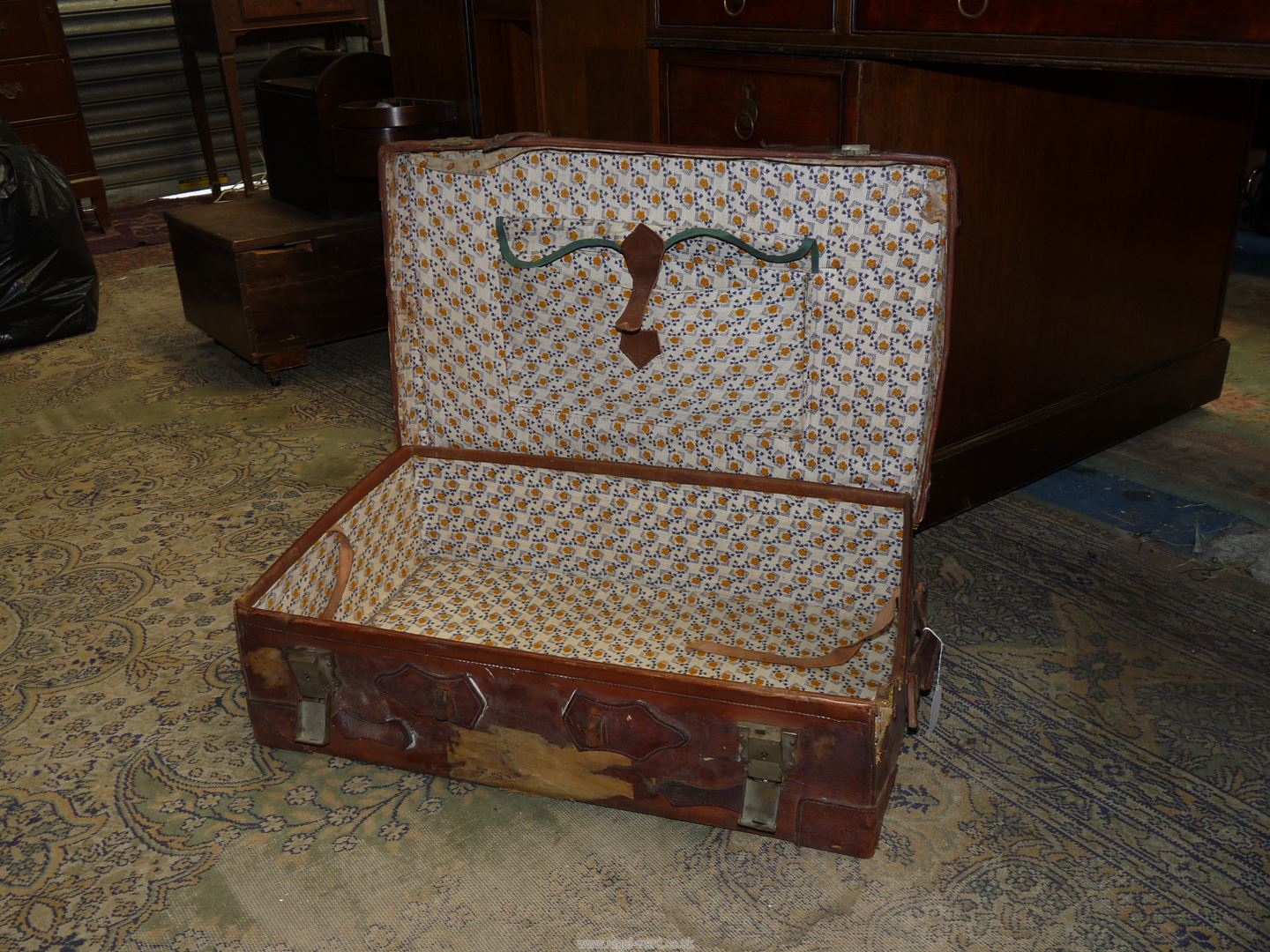 A heavy and well travelled leather suitcase for restoration, 27" x 17" x 8 3/8" high. - Image 2 of 2