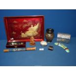 A small quantity of miscellanea including Oriental tray, box with cork diorama to lid,