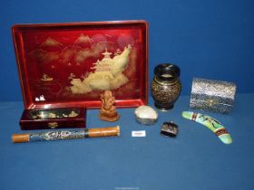 A small quantity of miscellanea including Oriental tray, box with cork diorama to lid,