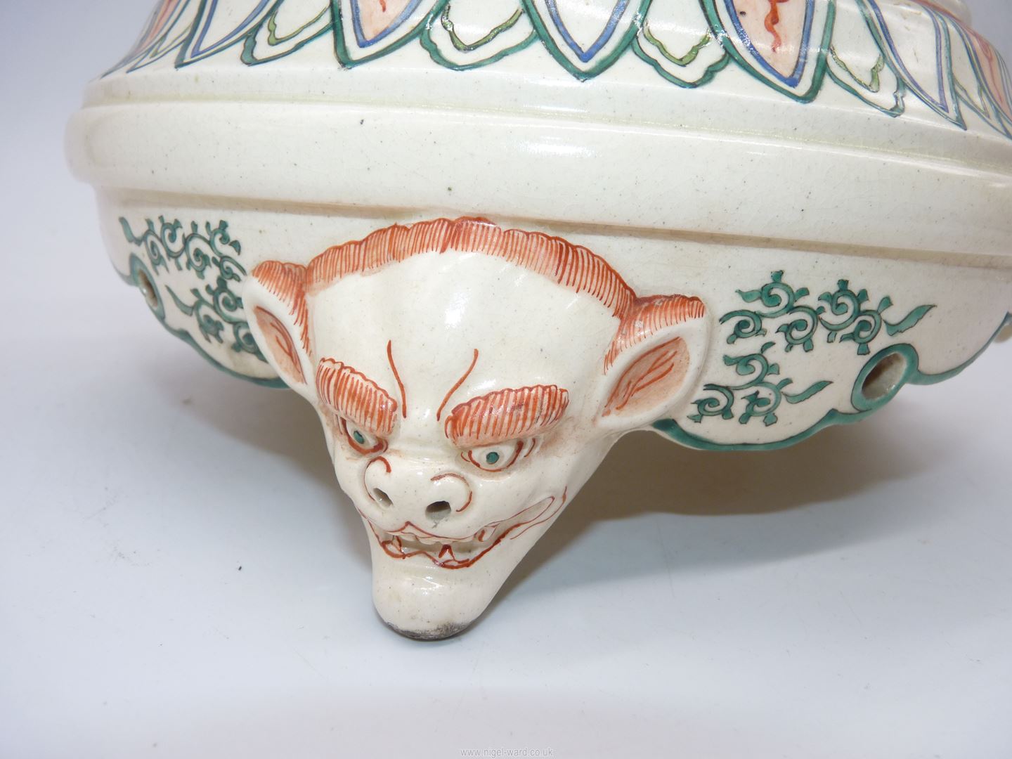 A large Japanese Satsuma pottery stand with Demon mask head feet, a/f. - Image 2 of 3