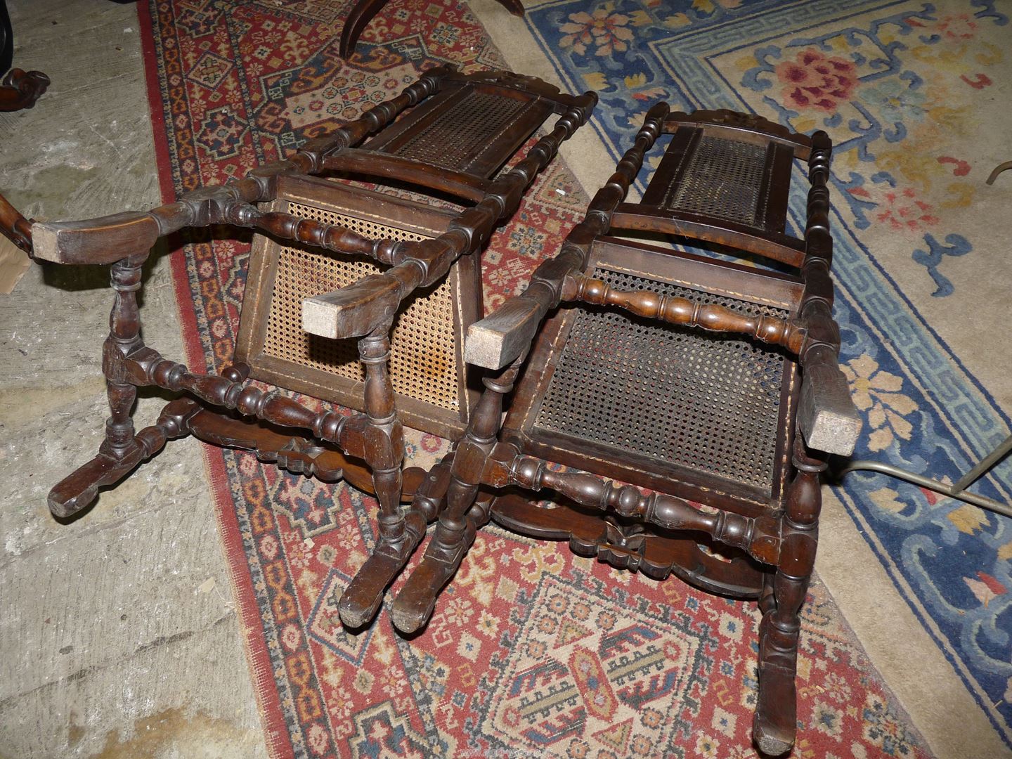 A Pair of satinwood framed side/hall chairs having caned seats and backs and standing on turned - Image 4 of 4