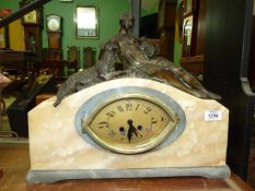 An elegant Art Deco French grey and cream marble cased mantel clock having an elliptical face with