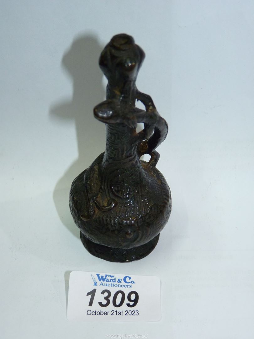 An antique Chinese bottle vase with entwined dragon, dark age patina in semi excavated condition, - Image 2 of 8