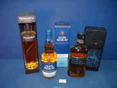 Three bottles of Whisky including Penderyn, Glen Moray and Highland Park, all sealed and boxed.