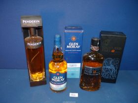 Three bottles of Whisky including Penderyn, Glen Moray and Highland Park, all sealed and boxed.