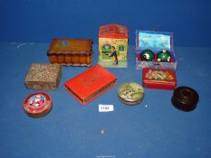 A quantity of miscellanea to include an old money box (no key), Christmas sweets tin,