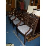 A set of four bow-fronted dark Mahogany framed dining/carver chairs having open arms the back-rests