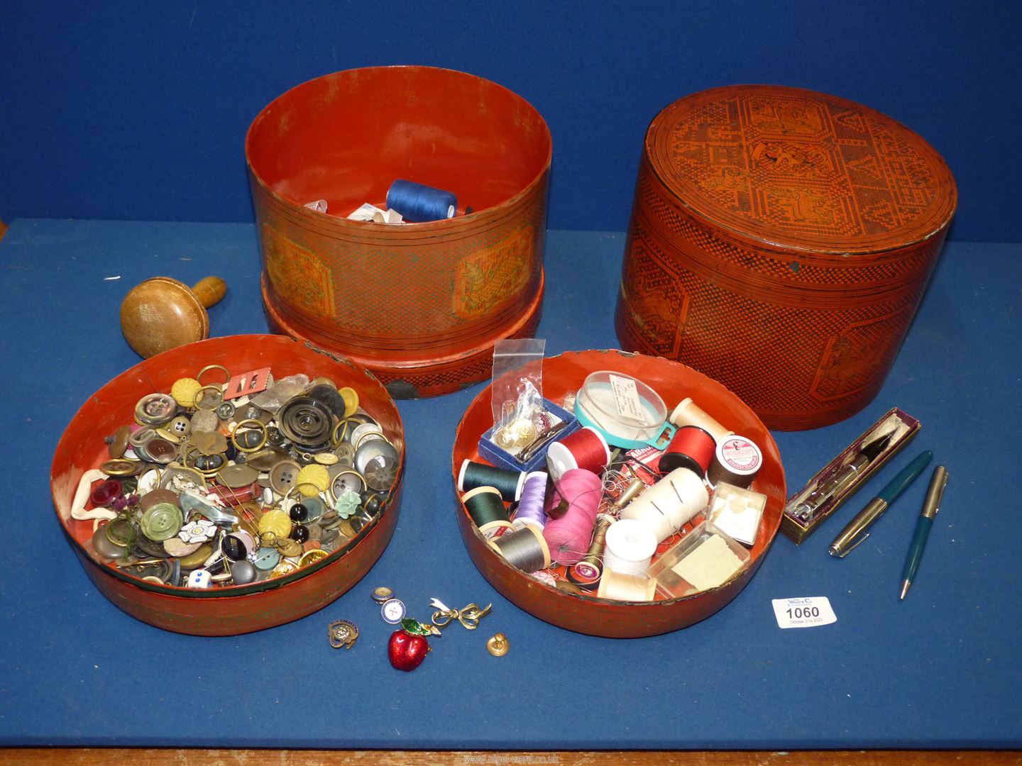 A quantity of miscellanea to include a red lacquered Oriental style sewing box with contents