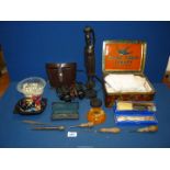 A box of miscellanea including costume jewellery, boxed set of dessert knives & forks,