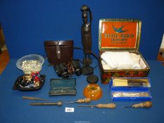 A box of miscellanea including costume jewellery, boxed set of dessert knives & forks,