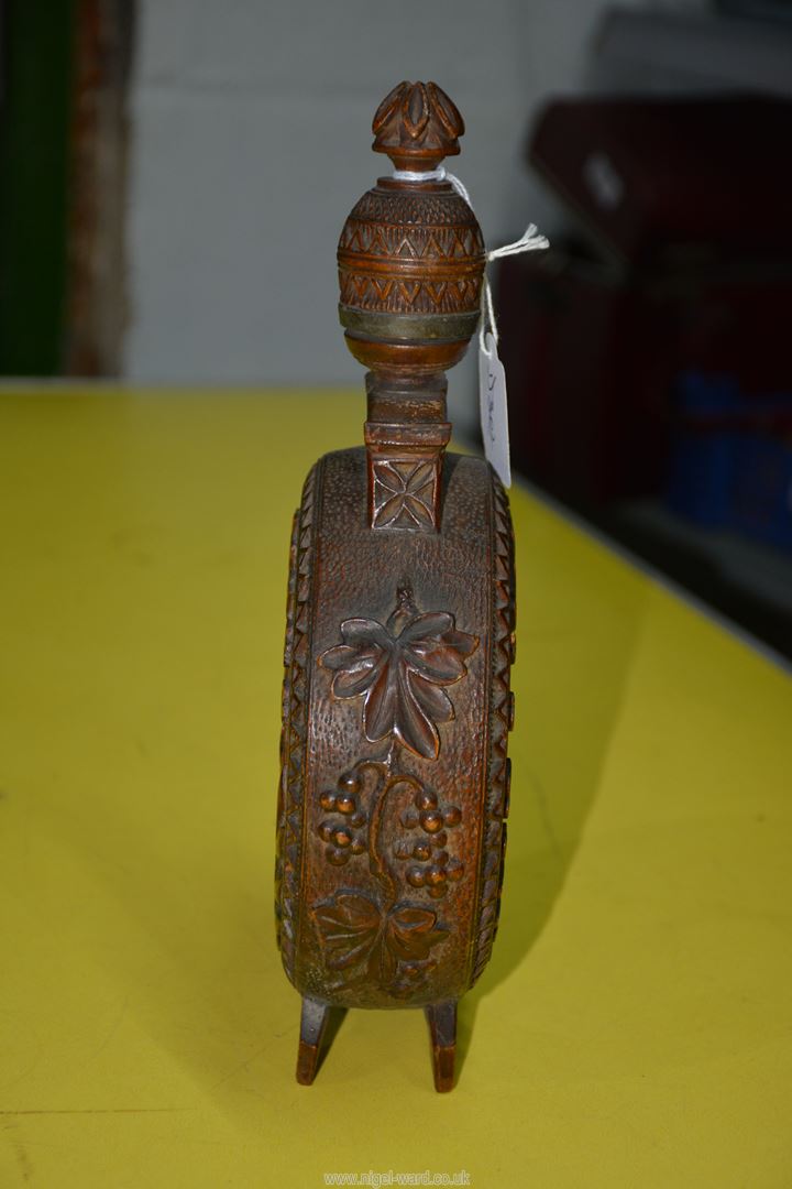 A 19th century Austrian heavily carved decorative moon shape circular wooden Flask with coat of - Image 5 of 15