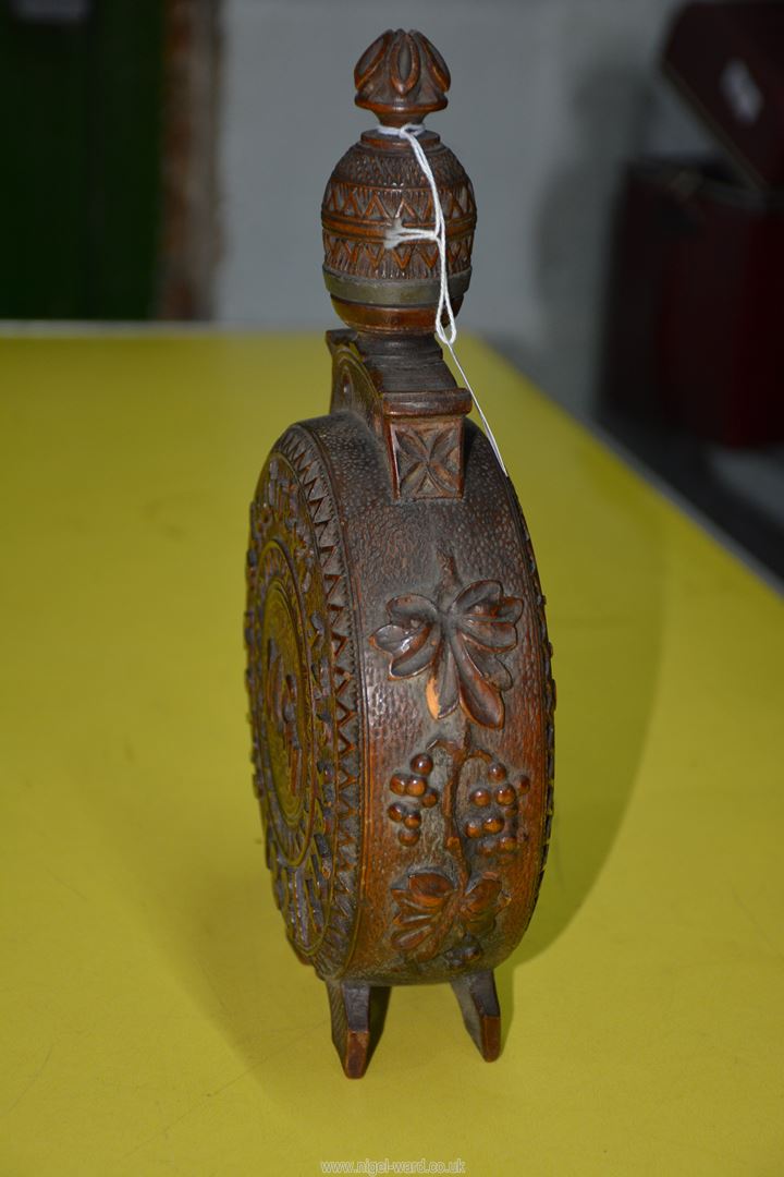 A 19th century Austrian heavily carved decorative moon shape circular wooden Flask with coat of - Image 7 of 15