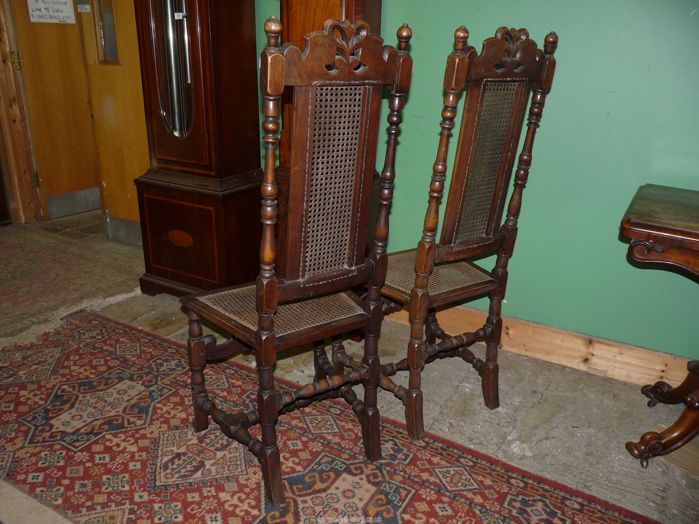 A Pair of satinwood framed side/hall chairs having caned seats and backs and standing on turned - Image 2 of 4