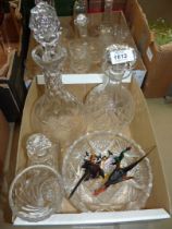 A small quantity of glass including decanters, fruit bowl, fighting cocks,