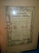 A framed Certificate from Glamorgan Education Committee, Coal Mines Act, 1911 for 'Fireman,