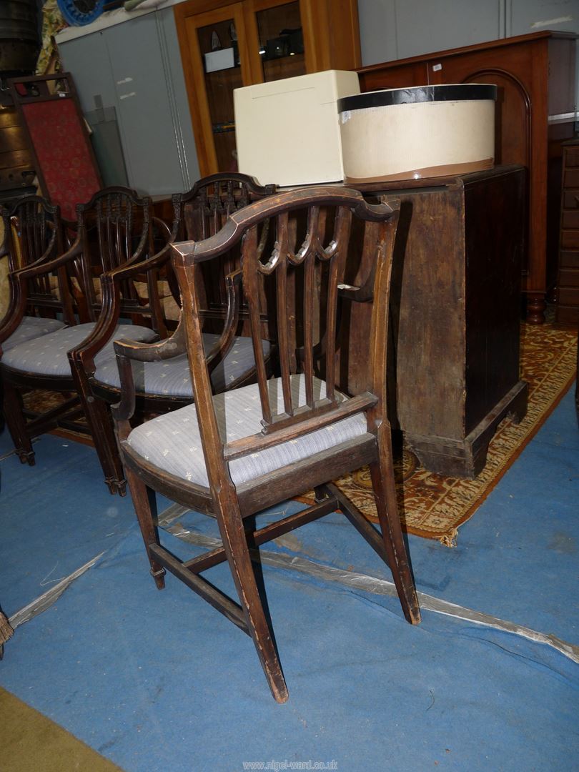 A set of four bow-fronted dark Mahogany framed dining/carver chairs having open arms the back-rests - Image 3 of 3