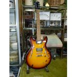 A Bowwood 6 string slim line double F-hole Jazz/Rock guitar and stand.