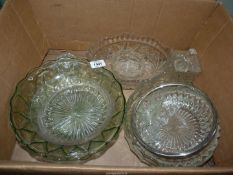 A quantity of glass dishes, stopper, lidded pot, etc.