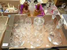 A quantity of glass including two cut glass decanters, heavy cut glass jar, Tudor liqueur glass,