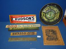 A small quantity of Advertising metal signs for "Oxo", "Robin's starch" enamel "Hudson's Soap" etc.