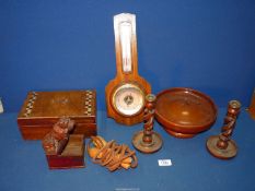 A quantity of treen including candlesticks, novelty cigarette box, skipping rope, sewing box,