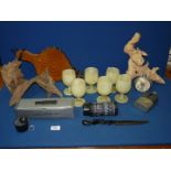 A quantity of miscellanea including: oak fire bellows, Stellarscope, African paper knife,