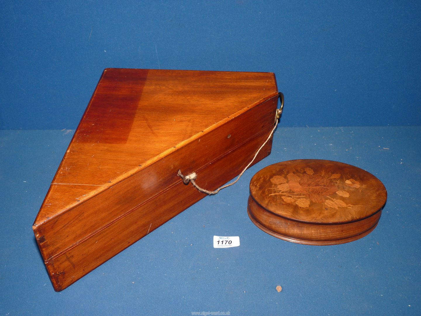 A measuring instrument Case and an oval lidded box with marquetry detail of a rose to the lid. - Image 2 of 2