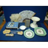 A quantity of miscellanea including dressing table sets, fans, Copeland Spode china, ham stand, etc.