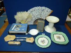 A quantity of miscellanea including dressing table sets, fans, Copeland Spode china, ham stand, etc.