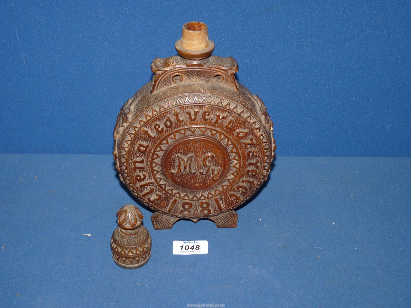 A 19th century Austrian heavily carved decorative moon shape circular wooden Flask with coat of - Image 3 of 15