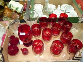 A quantity of glass including Dartington glass vase, eleven red stemmed matching glasses, red jugs,