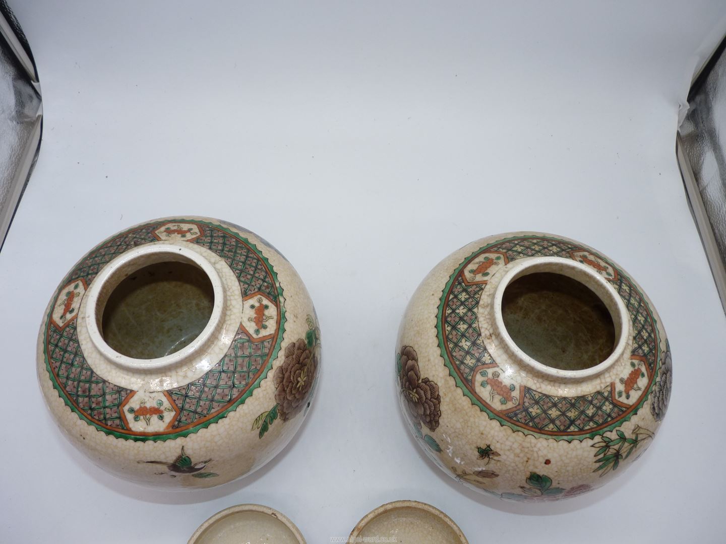 A pair of Oriental crackle glazed poly chrome ginger jars, - Image 4 of 20