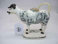 A 19th century Glamorgan pottery black transfer printed cow creamer, 'fishing scene',