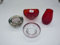 A Whitefriars triform red glass bowl, cased in clear glass, 2 3/4" tall x 5 1/2" wide,